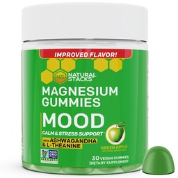 Mood Magnesium Gummies - 200mg Magnesium Citrate et 125mg Sensoril Ashwagandha Gummies - avec L Theanine pour le calme et le stress Support - Mag Citrate et supplément Ashwagandha - 30 pommes vertes Chewables