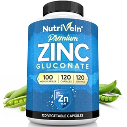 Nutrivein Premium Zinc Gluconate 100mg - 120 Capsules: Suppléments de gluconate de zinc à haute absorption pour le bien-être des corps entiers - Éléments essentiels pour le bien-être