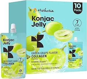 Hethstia Konjac Jelly Flavor de fraise avec des peptides de collagène – 10 Pouches Jello de fraise buvable, 7 Kcal, 0 sucre, kéto, sans gluten, vitamine C collations et cadeaux alimentaires sains