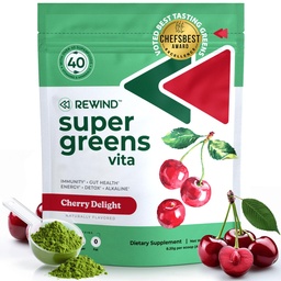 Meilleures Dégustation de poudre Super Greens avec 40+ Superfoods – Delicious Daily Green Poudre avec Vitamine B12, Zinc, Vitamine C, Magnésium et Calcium – Mélange de jus vert Superfood - Saveur de cerise