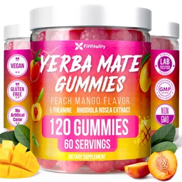 120 Yerba Mate Gummies – W/ L-Theanine, Rhodiola, Ginseng, Choline, B12. | Peach Mango Flavor. Vegan