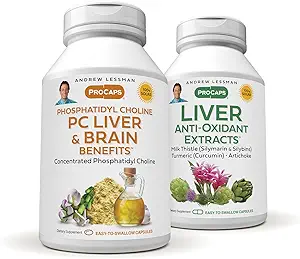 ANDREW LESSMAN PC Avantages du foie et du cerveau + Extraits anti-oxydants du foie Kit: 90 Capsules(60sg+30cp) - Phosphatidyl Choline, Thistle de lait, Artichaut, Curcumine.