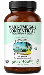 Maxi Health Omega 3 Supplément - Concentré d'huile de poisson oméga-3 - Source de puissance supérieure des acides gras de l'EPA/DHA - Santé du coeur, du cerveau et des articulations - Poisson sauvage capturé certifié Kosher - 90 softgels végétariens