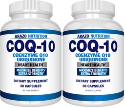 Arazo Nutrition CoQ10 Ubiquinone Coenzyme Q10-200mg Maximum Strength Nutritional Supplement - High Absorption Capsules with No Soy (Pack of 2)
