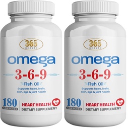 365 Health Omega 3-6-9 180 Softgels | from Fish, Flaxseed, Borage Oils | Non-GMO & Gluten Free (Pack of 2)