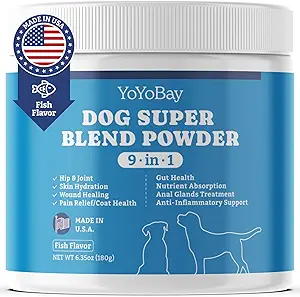 Suppléments pour chiens, Suppléments pour chiens Super Blend Powder 9 en 1, Vitamines pour chien, avec poudre de poisson Islande, Support Gut Health, Hip and Joint, Multivitamine Support, 6.35oz, Saveur de poisson