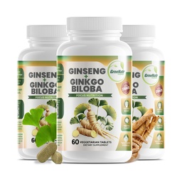 GreeNatr Ginko Biloba & Panax Supplément Ginseng - Supplément Cerveau Ginseng Rouge pour Mémoire et Focus - Ginkgo Biloba Suppléments pour une bonne vision, système immunitaire et amélioration du flux sanguin - 3 bouteilles