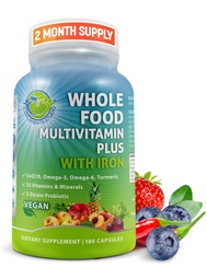 Multivitamine quotidienne avec fer, multivitamine méthylée pour les femmes et les hommes, faite avec des fruits et légumes, complexe B, probiotiques, enzymes, CoQ10, Omégas, curcuma, non-OGM, 180 Compte