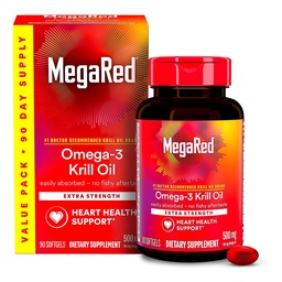 MegaRed Antarctic Krill Oil 500mg Omega 3 Fatty Acid Supplement, Extra Strength EPA & DHA Krill Oil Softgels (90cnt Box), Astaxanthine, supplément santé cardiaque sans post-goût d'huile de poisson