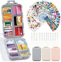 3 Pack 14 Grilles Travel Pill Organizer Box with 415-Pcs Medicine Name Etiquettes - Pocket Daily Pharmacie Trousse de contenants - Distributeur de médicaments de voyage pour le stockage d'huile de poisson