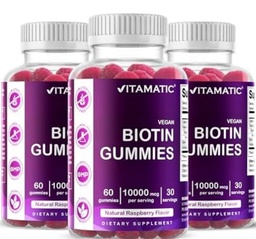Biotine Vitamatique Gommies 10 000 mcg pour cheveux, peau et ongles plus forts - 60 Gommies Vegan - également appelé vitamine B7 (3 bouteilles)