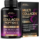 Peptides multicollagènes - Hydrolysés Types I, II, III, V & X - Supplément de collagène pour femmes 1300mg - avec acide hyaluronique, vitamines C & E - peau, cheveux, ongles et soutien articulaire - Fabriqué aux États-Unis, 120 Capsules