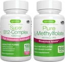 Super B12-Complex 1000mcg + Pure Folate 400mcg Bundle végétalien, Haute absorption Vitamine sublinguale B12 avec méthylcobalamine, Adénosylcobalamine et Hydroxocobalamine + L-méthylfolate optimisé, par Igennus