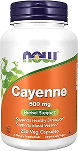 MAINTENANT Aliments suppléments, Cayenne (Capsicum annuum) 500 mg, soutien à base de plantes, pour la santé digestive, 250 gélules