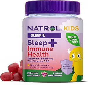 Natrol Kids Sleep+ Immune Health Gummies avec Melatonine, Zinc, Vitamine C et D, Elderberry, 50 Mélatonine aromatisée aux framboises et Immune Health Gummies, approvisionnement de 50 jours