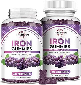 Gommies de fer - avec Calcium, Zinc, Folate et Vitamine B12, C, B6 pour adultes et enfants - Constructeur de sang et soutien énergétique pour la carence en fer, Anémie, Végétalien - 2 paquets de saveur de raisin,60 Gommies