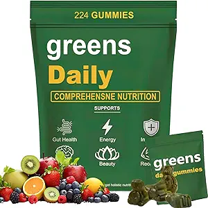 Gommies de Verts - Chlorelle biologique et Spiruline, Digestion et Santé Gut, formulé avec 60+ Ingrédients, multivitamines et minéraux, Gommies quotidiennes, 224 Gommies Ours
