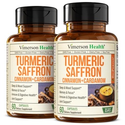 Suppléments de safran – 89mg Extrait de safran et 1000mg Mélange tumérique – Supplément curcuma avec cannelle Ceylan et cardamome pour l'humeur, la mémoire et la santé des yeux – Suppléments articulaires pour les femmes et les hommes – 2 Pack