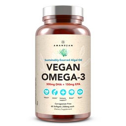 Supplément d'AMANDEAN Vegan Omega 3. Huile de poisson de qualité supérieure. Algae DHA & EPA. Moutons sans carrageenan. Acides gras essentiels alcalins. Cœur à base de plantes, cerveau, yeux, peau, soutien immunitaire. (60ct)