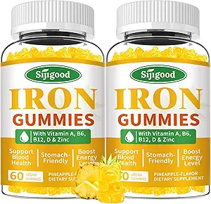Gommies de fer 2 paquets pour les femmes et les hommes - Supplément de fer végétalien pour l'anémie et le déficit en fer, avec vitamine B12, vitamine C, zinc, folate - Boost énergétique, sans sucre, saveur d'ananas, 120 comte