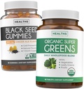 Huile de Graine Noire Gummies & Super Greens (1-Mois) - Boost Vert quotidien - Huile de Graine Noire Gummies Ale Ginger Arôme Nigella Sativa pressé à froid et Super Greens bio Super Supplément alimentaire complet