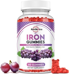 Gommies de fer - avec Calcium, Zinc, Folate et Vitamine B12, C, B6 pour les adultes et les enfants - Constructeur de sang et soutien énergétique pour la carence en fer, Anémie, Vegan - Saveur de raisin,60 Gommies