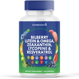 Superfood MD Santé des yeux Vitamines avec Lutéine de Bilberry et Zeaxanthin Resvératrol Lycopène Extrait de graines de raisin Astaxanthin- AREDS 2 - Vitamine des yeux - 60 capsules