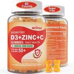 Sans sucre Vitamine C + D3 + Gommies de zinc pour adultes 50 +, 9 en 1 Supplément de défense immunitaire avec D3 5000IU, Elderberry, Echinacea, Mullein Leaf pour l'immunité boost, Antioxydant puissant, végétalien (paquet de 1)