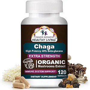 Cancer Sciences Chaga Wellness Champignons Supplément, extrait certifié USDA de champignons biologiques, extra-résistance 1 500 mg, haute puissance 40% bêta-lucans, immunosupport, Gut Health, antioxydant, 120 capsules