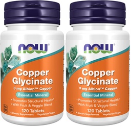 MAINTENANT Suppléments, Glycinate de cuivre avec 3 mg de cuivre d'Albion, favorise la santé structurelle*, 120 comprimés, gris clair, Tan (paquet de 2)