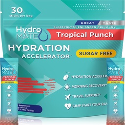 Poudre d'électrolyte Packs d'hydratation sans sucre Tropical Punch HydroMATE 30 bâtons
