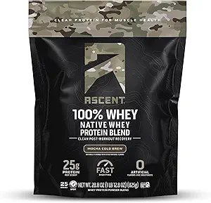 Ascence 100% poudre de protéines de lactosérum - Après l'entraînement Isolation de la protéine de lactosérum, zéro arômes artificiels et édulcorants, sans gluten, 5,5g BCAA, 2,6g Leucine, Exclusivité militaire, Mocha Cold Brew 1,7 lb