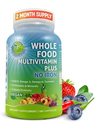 Multivitamine quotidienne sans fer, multivitamine méthylée pour les femmes et les hommes, faite avec des fruits et légumes, complexe B, probiotiques, enzymes, CoQ10, Omégas, curcuma, non-OGM, 180 Compte