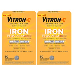 Supplément de fer Vitron-C, une fois par jour, fer à haute puissance plus vitamine C, soutien de la production de globules rouges, comprimés sans colorant, 60 Compte, 2 Pack