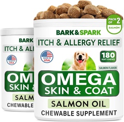 BARK&SPARK Omega 3 pour les chiens - 360 traitements à l'huile de poisson pour l'échouement des chiens, l'allergie cutanée, le soulagement des démangeaisons, le traitement des taches chaudes - Santé articulaire - Supplément de peau et de manteau - ADP et ADH Acides gras - Huile de saumon
