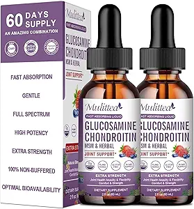 Glucosamine Chondroïtine MSM gouttes liquides-w/Elderberry, Boswelia & Hyaluronique Acid-Extra Strength Supplément de soutien pour la mobilité, la flexibilité et les os, haute absorption,60ml (2 fl oz)
