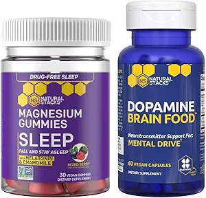 STACKS NATURELS Dopamine Cerveau Alimentation + Sleep Magnésium Gommies Bundle - Supports Mental Drive & Sleep* - 90 Pièces Total