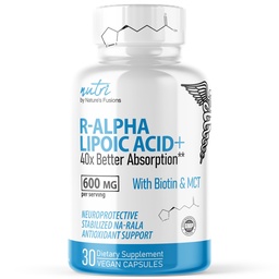 Acide alpha lipoïque Nutri R 600mg Capsules - Acide lipoïque R stabilisé avec Biotine - Forme active de R-ALA - 600 mg Posologie clinique - Powerful Cellular Energy Support - 30 Capsules Vegan - RALA