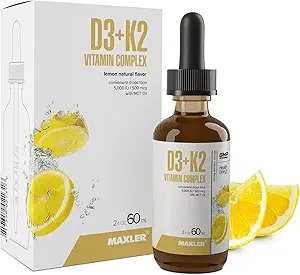 Maxler Vitamine D3 K2 gouttes avec l'huile MCT - Soutien du coeur, os et immunitaire - Pas d'OGM, Couleurs, Adoucisseur, Alcool - Vitamine D3 5000 UI et vitamine K2 500 mcg par 1 portion - 120 portions Saveur citron