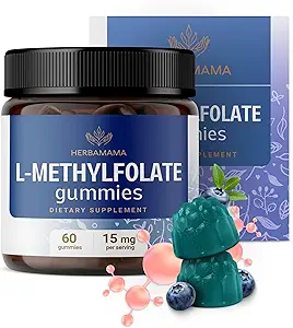 Gommies HERBAMAMA L-méthylfolate - Supplément calmant 5-MTHF 15mg pour adultes - Folate végétalien, non-OGM (vitamine B9) pour le soutien du cerveau - 60 brochettes à base de bleuets aromatisées
