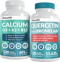 PrimeMD 4-en-1 Suppléments de calcium pour les femmes et les hommes ou défenses du cœur, des os et du corps (120 ct) et 28-en-1 Quercetin avec supplément de bromelain - Quercetin 500mg Capsules pour le support de défense immunitaire (120 ct)