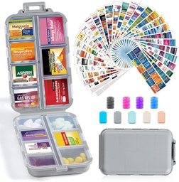 14 Grilles Boîte d'organisateur de pilules de voyage avec 415-Pcs Nom de la médecine Étiquettes - Pocket Daily Pharmacie Case Conteneur - Travel Medicating Holder Dispenser Kit pour l'huile de poisson de supplément de vitamine stockage - Gris