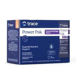 Trace Minéraux Power Pak Electrolyte Powder Packets $ 1200 mg Vitamine C, Zinc, Magnésium $ Boost Immunity, Hydratation and Natural Energy $ Concord Grape $ 30 Packets
