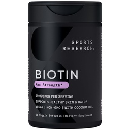Sport Research® Biotine 10 000mcg à l'huile de coco biologique - Biotine (Vitamine B7) pour une peau et des cheveux sains* - pour les femmes et les hommes - Vegan, non OGM, sans gluten et sans soja - 30 softgels végétariens