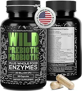 Prébiotiques sauvages et probiotiques avec enzymes digestives. 20 milliards CFU - 10 souches pour les femmes et les hommes. Soutien Gut santé et suppléments de digestion.