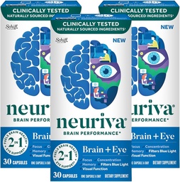 NEURIVA Cerveau + Supplément œil pour mémoire, focus et concentration avec la lutéine et la zéaxanthine testées cliniquement, vitamines A C & E + zinc pour la santé des yeux et filtre Blue Light 30 Capsules de comptage (3 Pack)