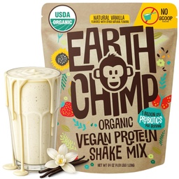 EarthChimp poudre de protéines végétales organiques - avec probiotiques - Non OGM, sans produits laitiers, sans lactosérum, à base de plantes poudre de protéines pour les femmes et les hommes, sans gluten - 52 portions 64 Oz (Vanilla) Pas de scoop
