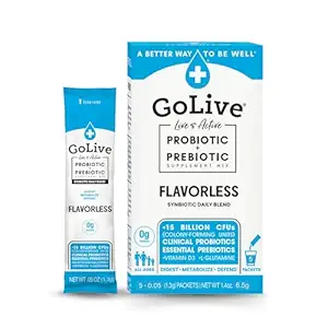 Prébiotique et probiotique GoLive pour les femmes, les hommes, les enfants. Sans saveur, sans sucre, poudre synbiotique avec GOS, L-glutamine, vitamine D3, électrolytes. Pour Gut Health, Digestion, Métabolisme, Immunité 15-50B UFC.