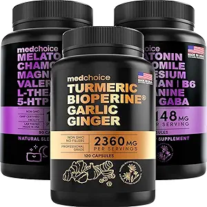 MEDCHOICE Turmeric & Ginger (120ct) and Sleep Melatonin (180ct) Supplement Bundle - Wellness Duo pour l'articulation, la digestion, le sommeil et le soutien immunitaire - Vegan, non-OGM, sans gluten