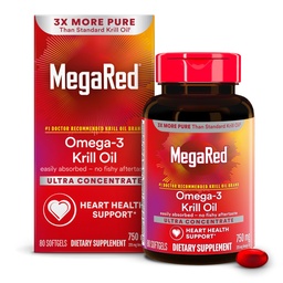 MegaRed Antarctic Krill Oil 750mg, Omega 3 Fatty Acid Supplement, Ultra Concentrate EPA & DHA Softgels, Astaxanthine antioxydante, supplément santé cardiaque sans après-goût d'huile de poisson, 80ct